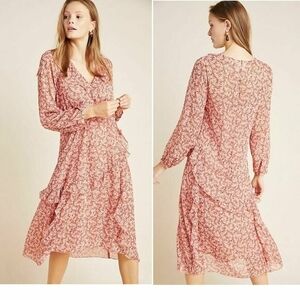 Anthropologie Maeve Dress Womens L Pink Floral Ruffle Sirena Midi Boho Prairie